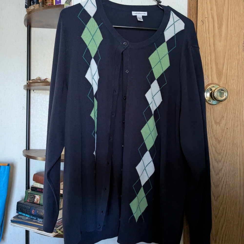 Croft & Barrow Womens Navy and Green Argyle Cardigan